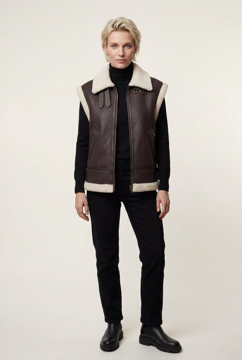 Black Collar Sleeveless Aviator Vest with Plush Trim - Aviator vests - Photo 3