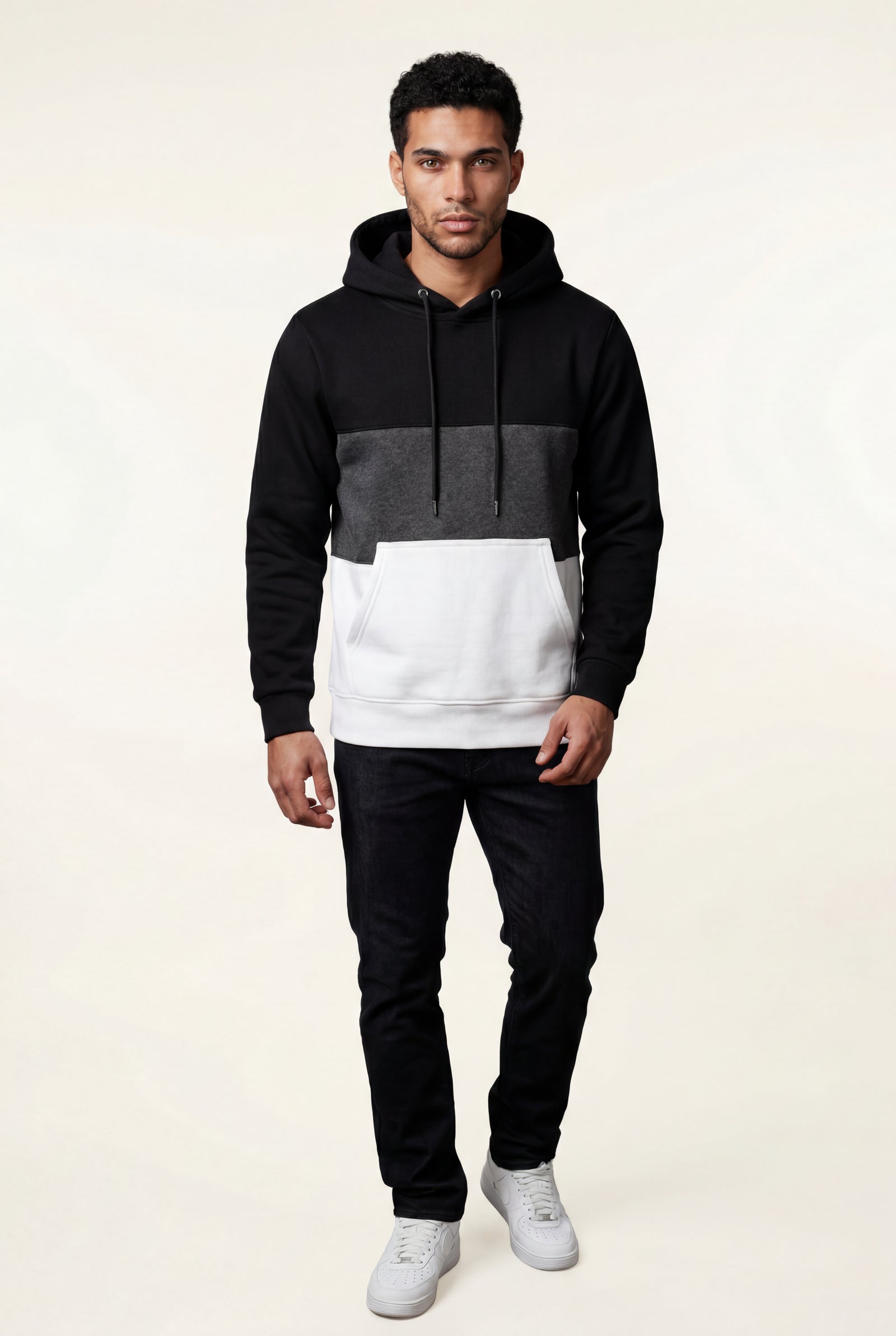 Black Color Block Pullover Hoodie with Kangaroo Pocket - Color block hoodie - Photo 3