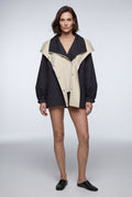 Black Colorblock Oversized Windbreaker Jacket with Statement Collar - Photo 2