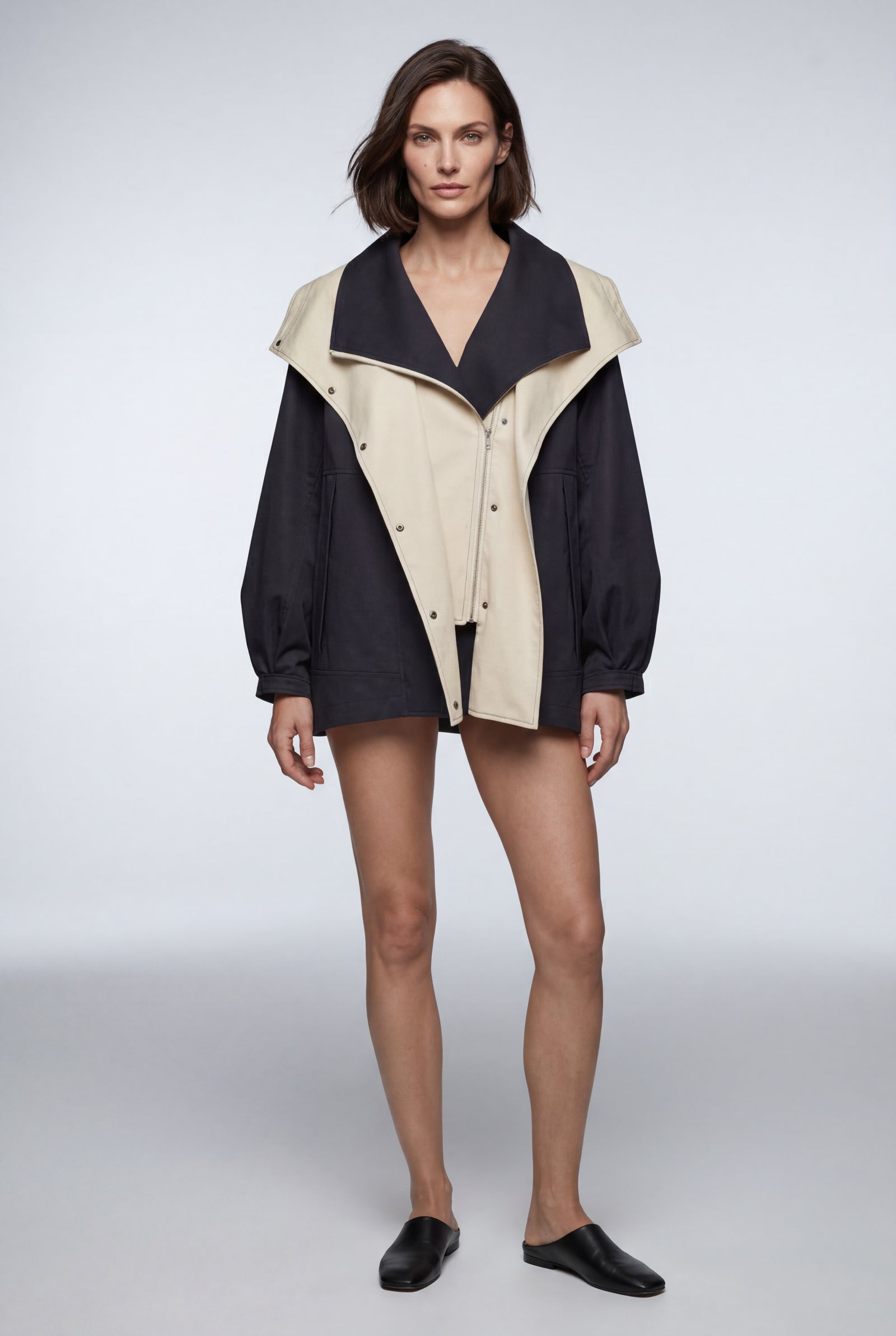 Black Colorblock Oversized Windbreaker Jacket with Statement Collar - Photo 2
