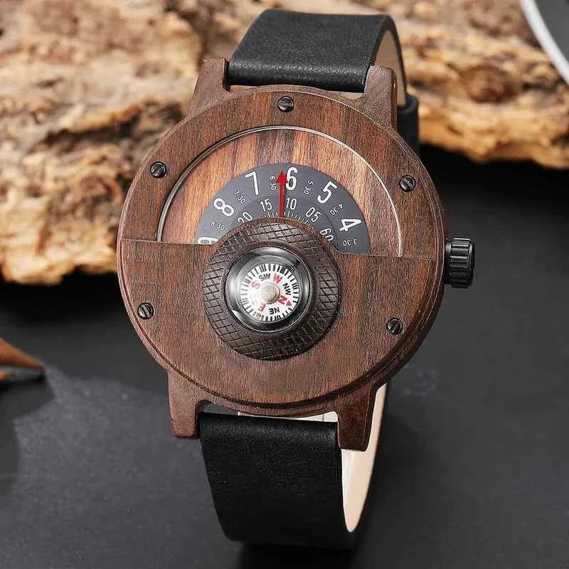 Black Compass Detail Wooden Analog Watch with Strap - Analog watches - Photo 4