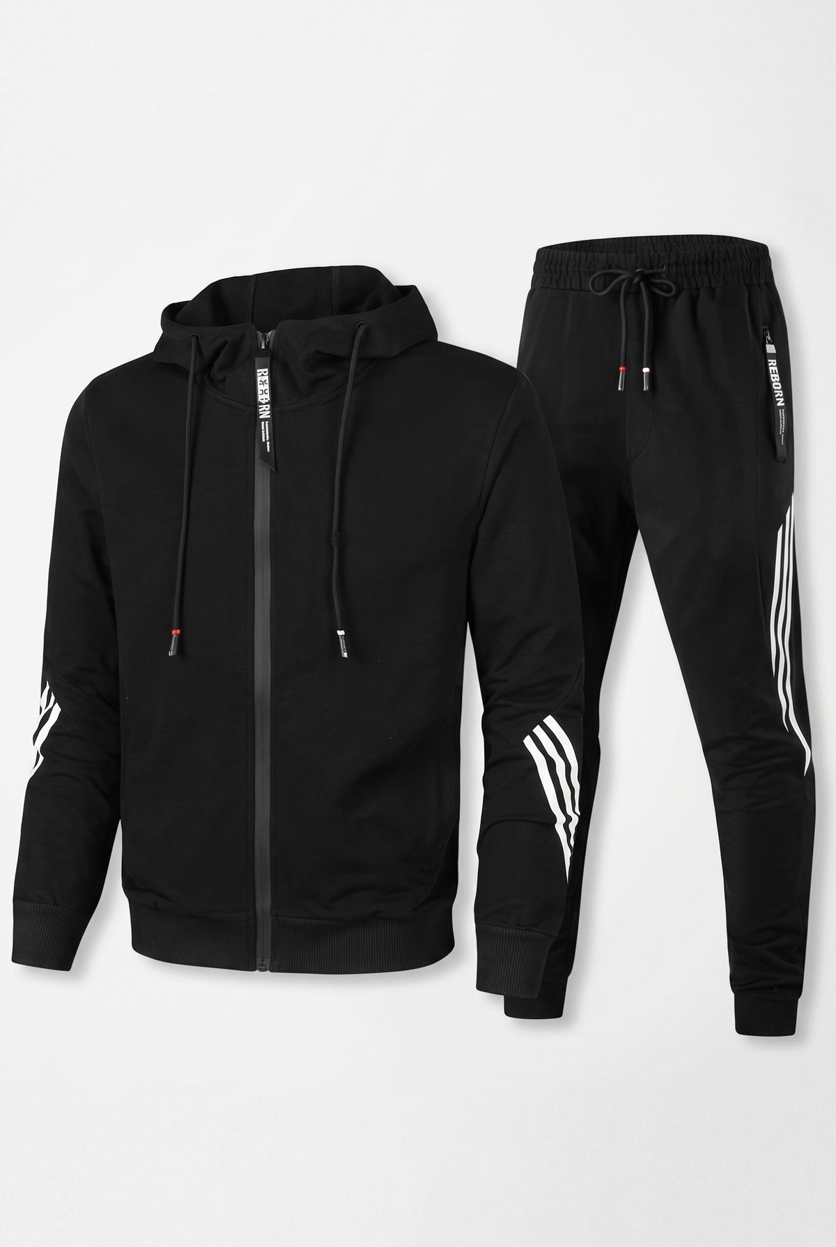 Contrast Stripe Tracksuit Set in Black — studio front