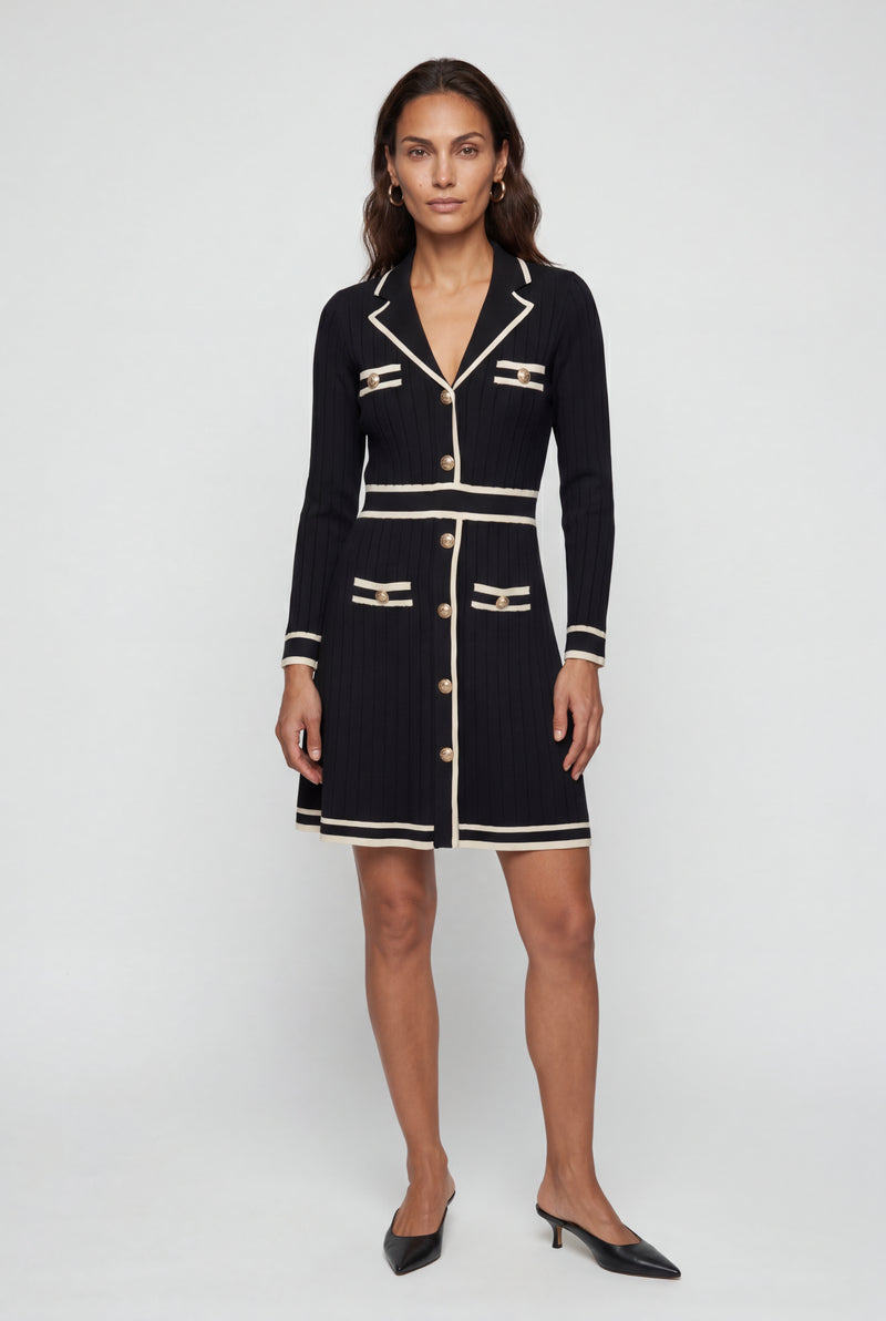 Black Contrast Trim Button-front Tailored Mini Dress - Photo 2
