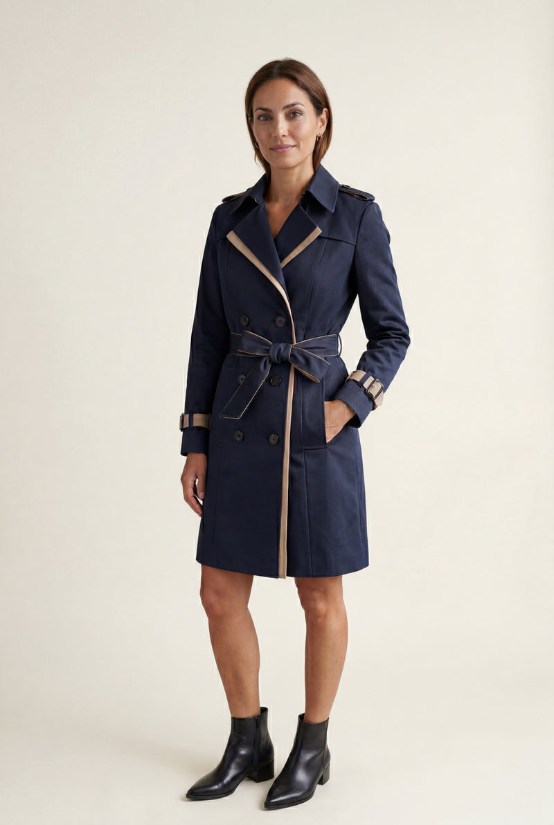 Black Contrast-trim Double-breasted Belted Trench Coat - Long trench coats - Photo 1