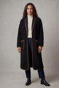 Black Contrast Trim Long Draped Coat with Shawl Collar - Long coat - Photo 12