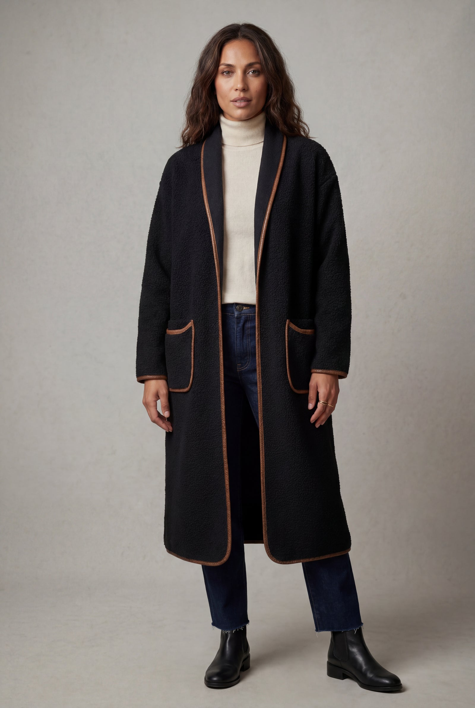 Black Contrast Trim Long Draped Coat with Shawl Collar - Long coat - Photo 12