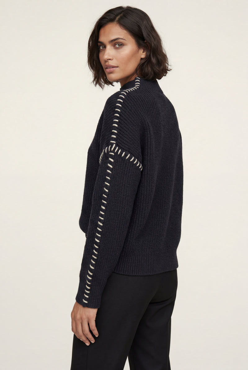 Black Contrast Whipstitch Navy Knitted Pullover Sweater - Knitted sweater - Photo 2