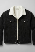 Corduroy Sherpa-Lined Trucker Jacket in Black — front view