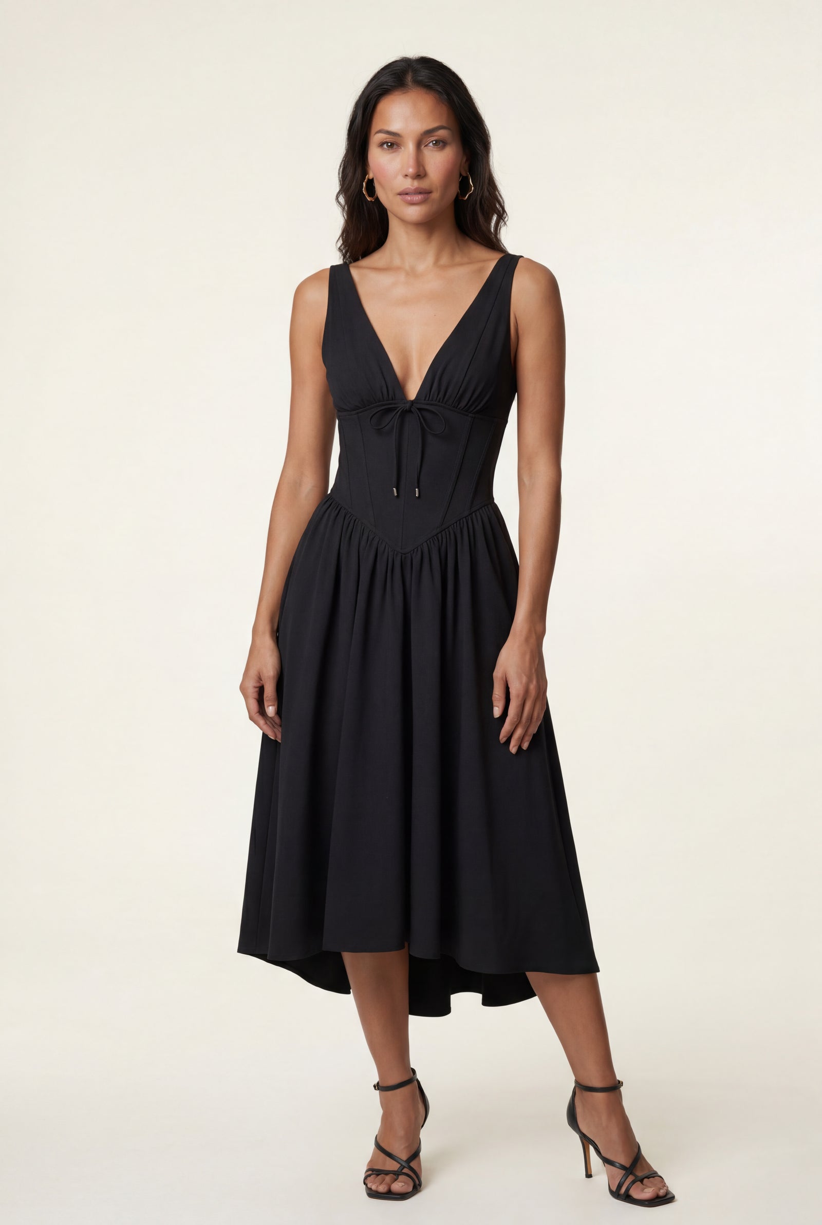 Black Corset Bodice Sleeveless Midi Dress with Tie Front - Photo 5