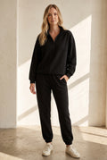 Cotton Half-Zip Tracksuit Set in Black — studio front