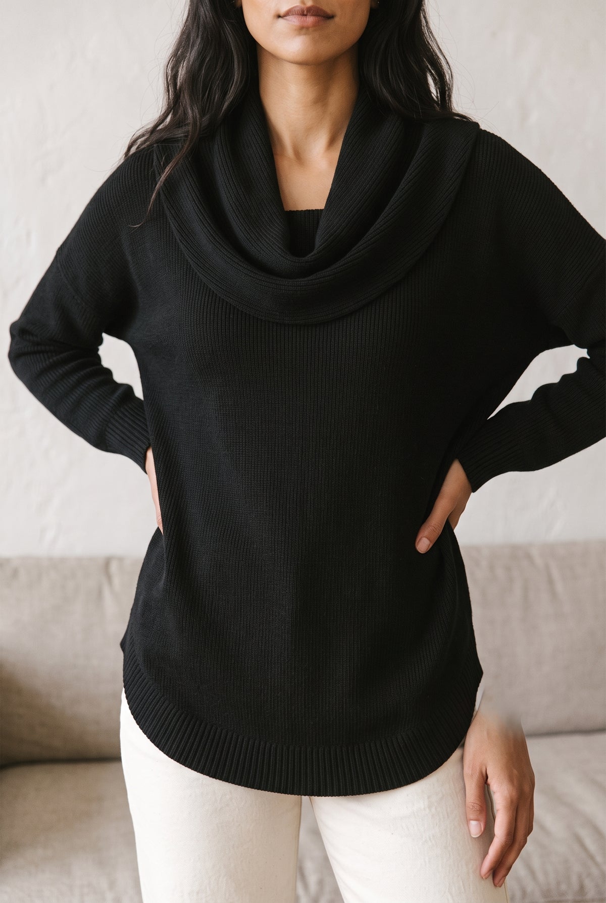Cowl Neck Knit Sweater in Black — studio front