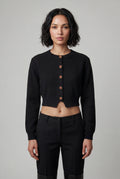 Black Crew Neck Cropped Button-up Cardigan with Ribbed Hem - Cropped cardigan - Photo 7
