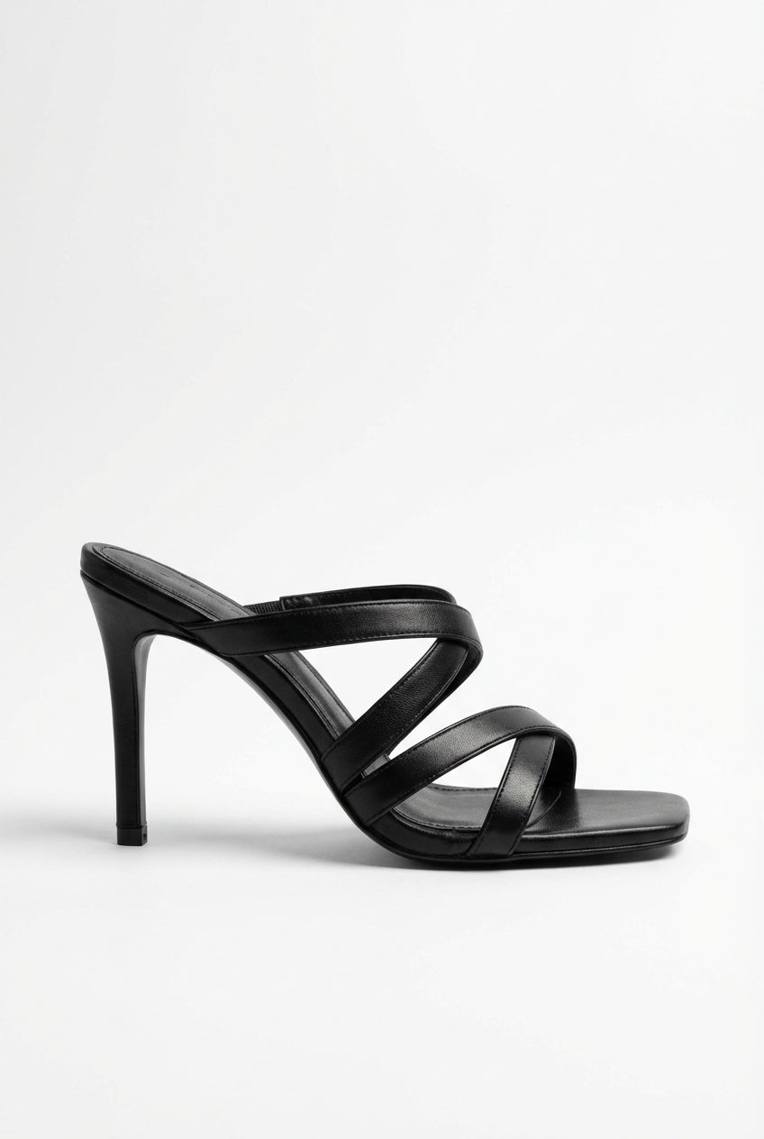 Black Crisscross Strap Square Toe Heeled Mules - High heels - Photo 1