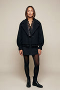 Black Cropped Double-breasted Boxy Coat with Notched Lapel - Short coat - Photo 7