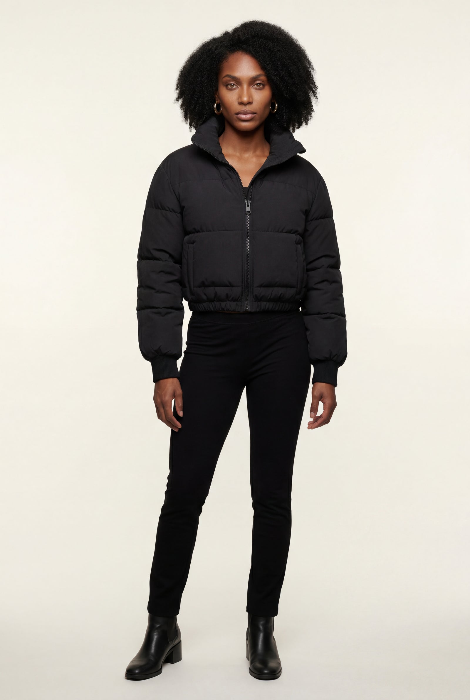Black Cropped High-collar Quilted Puffer Jacket - Puffer jackets - Photo 6