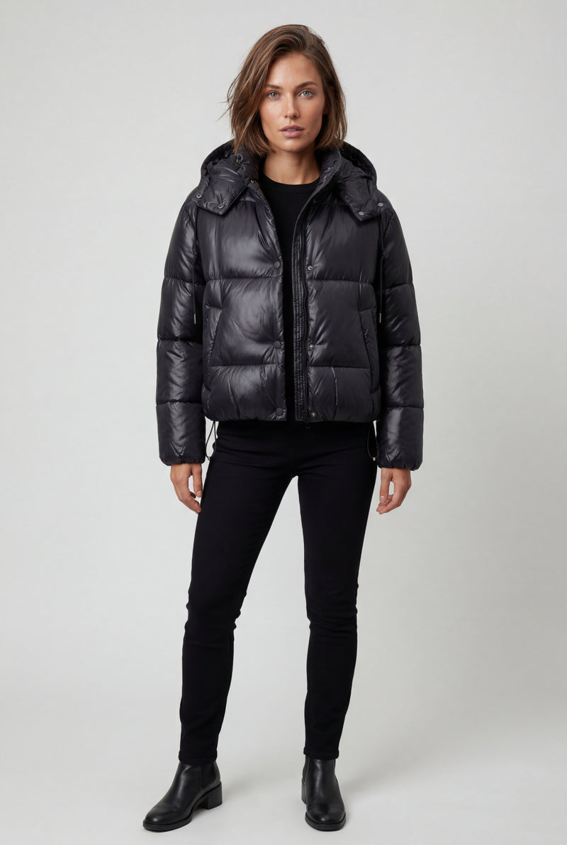 Black Cropped Hooded Puffer Jacket with Boxy Silhouette - Puffer jackets - Photo 2
