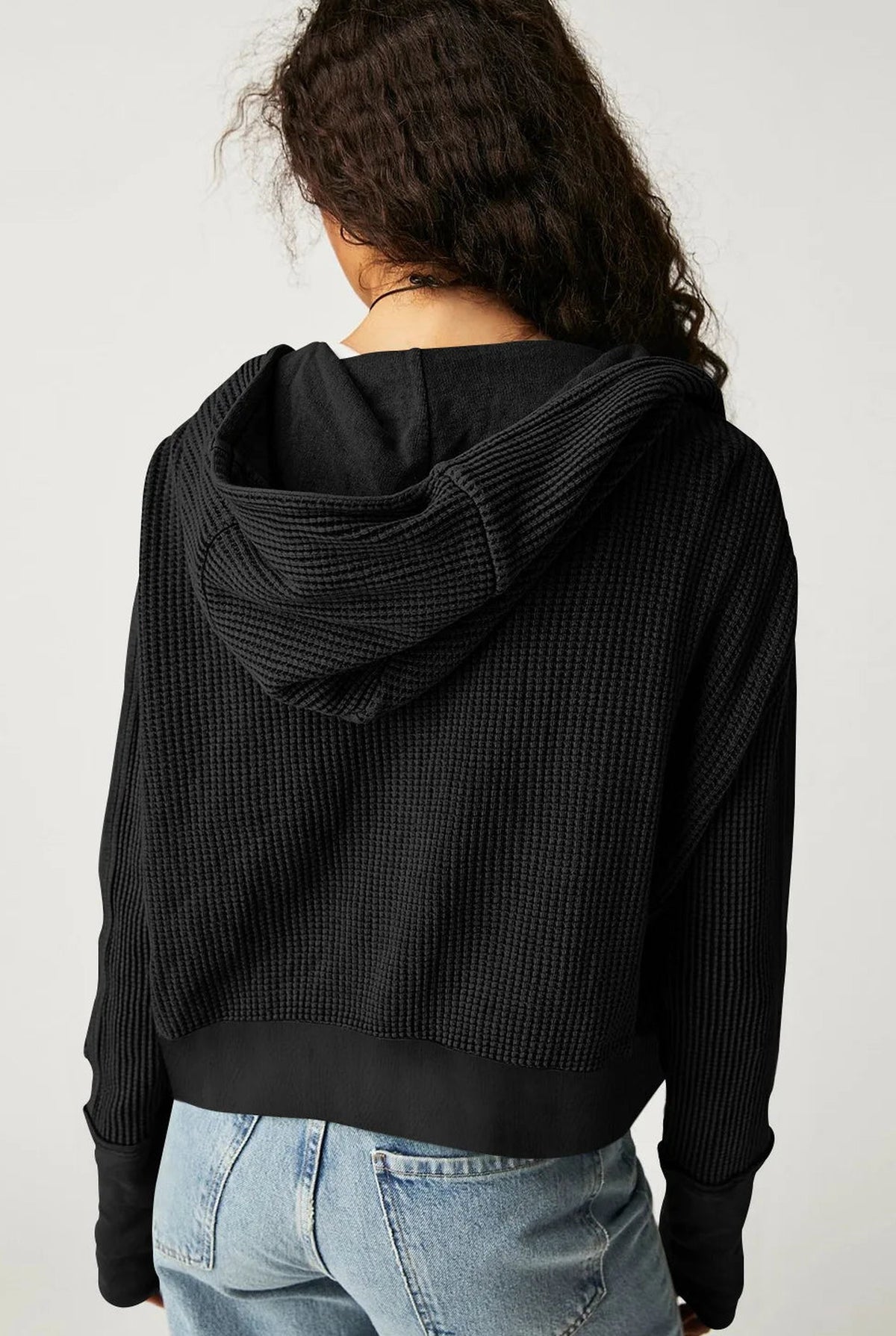 Cropped Waffle Zip-Up Hoodie in Black — back