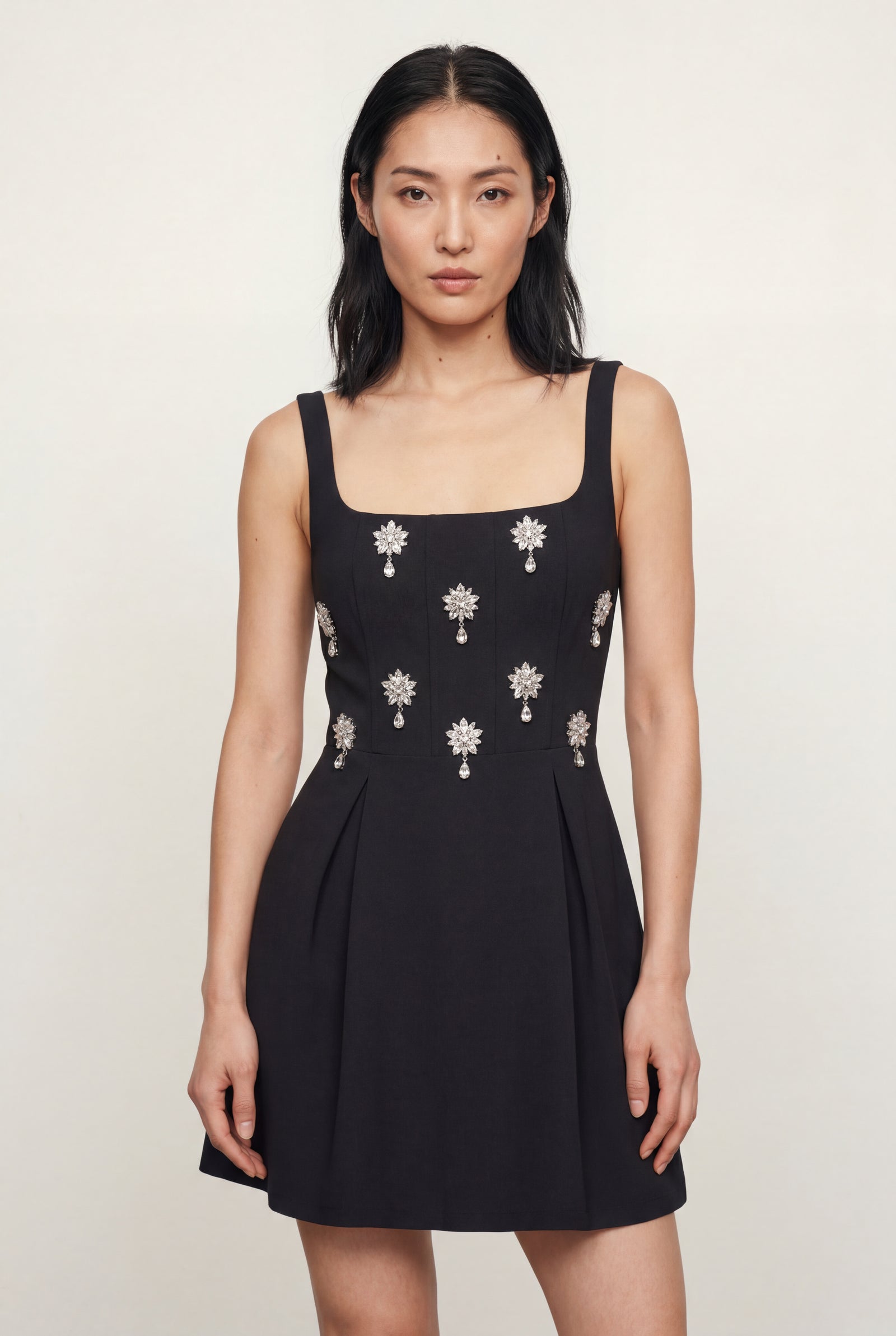 Black Crystal Floral Embellished Black Fit-and-flare Mini Dress - Photo 1