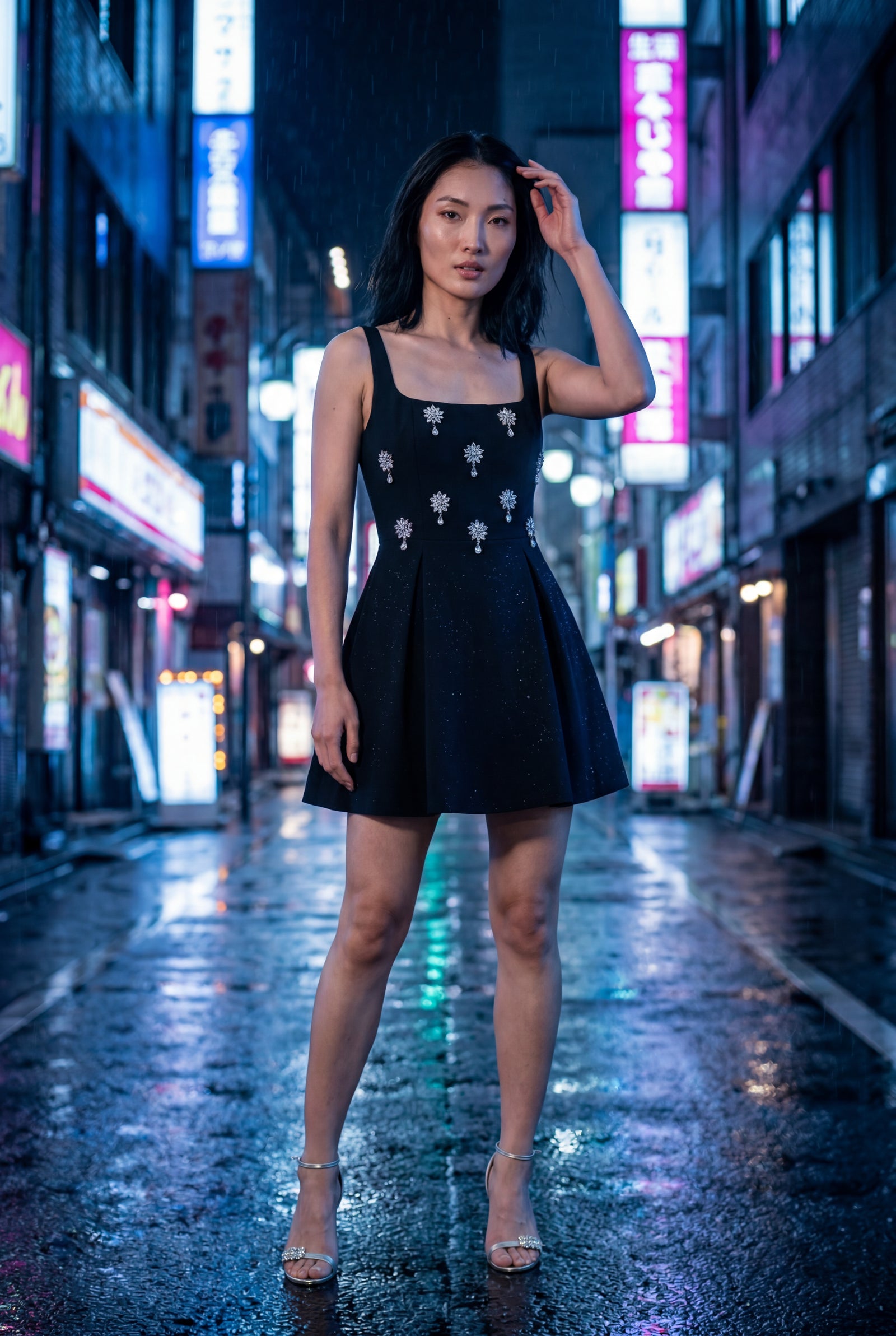 Black Crystal Floral Embellished Black Fit-and-flare Mini Dress - Photo 4