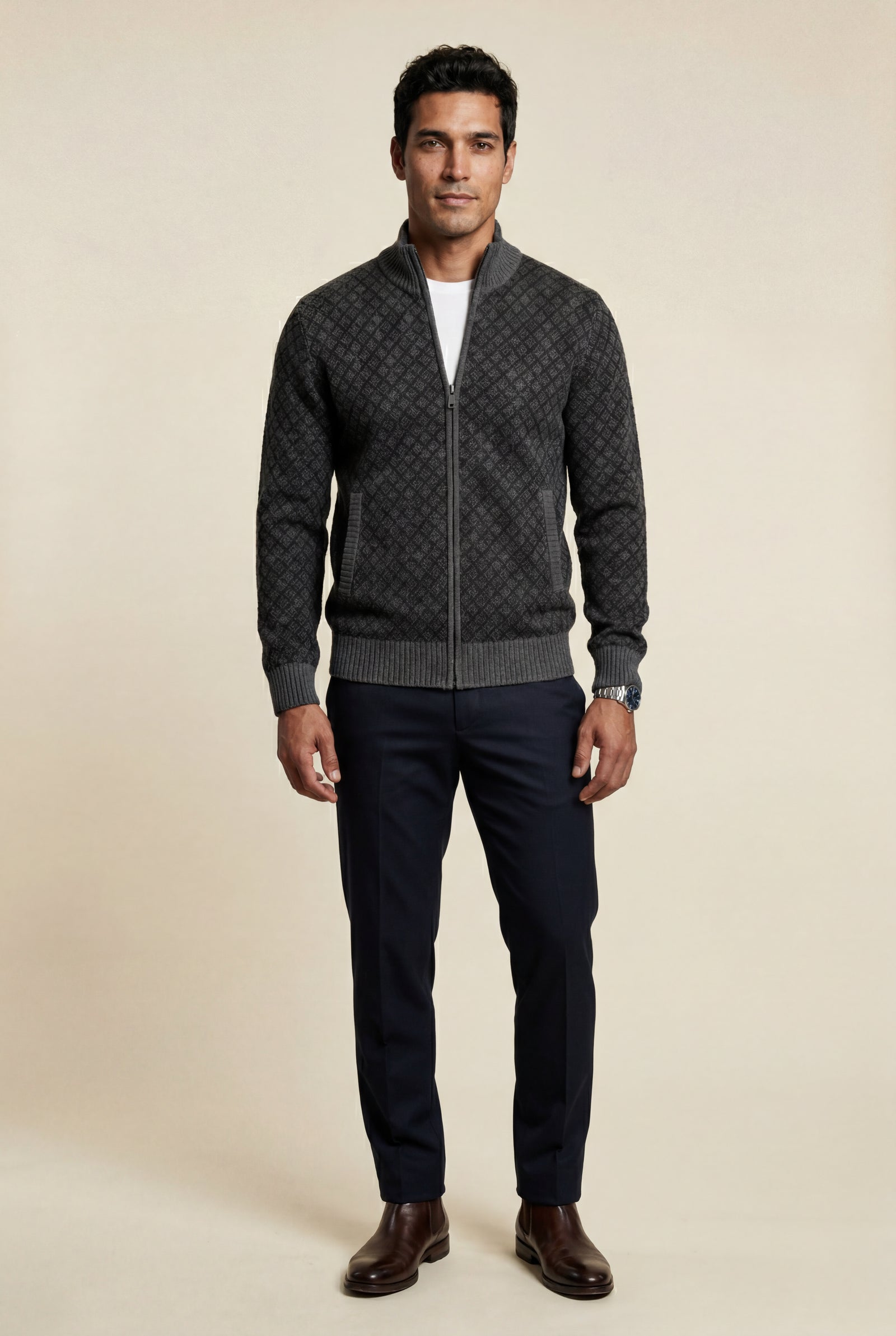 Black Diamond Jacquard Zip-up Cardigan with Ribbed Stand Collar - Photo 1