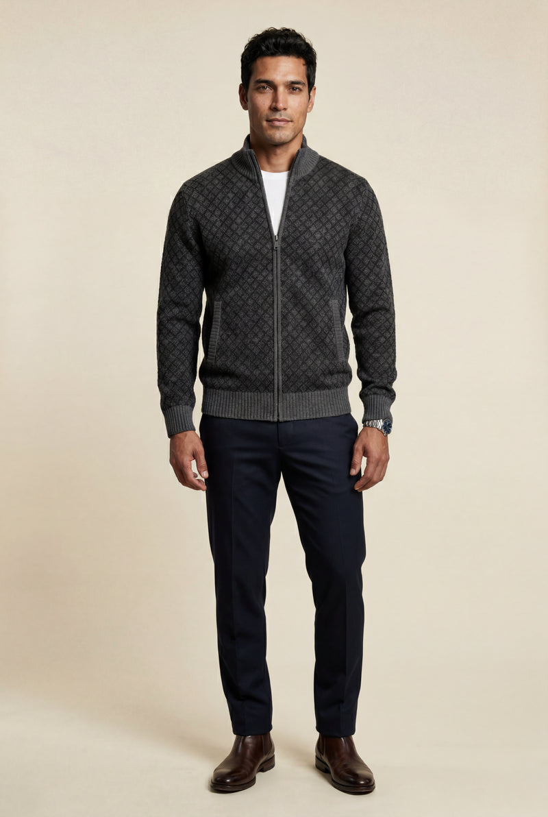 Black Diamond Jacquard Zip-up Cardigan with Ribbed Stand Collar - Photo 1