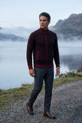 Wine Red Diamond Jacquard Zip-up Cardigan with Ribbed Stand Collar - Photo 11