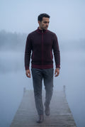 Wine Red Diamond Jacquard Zip-up Cardigan with Ribbed Stand Collar - Photo 14