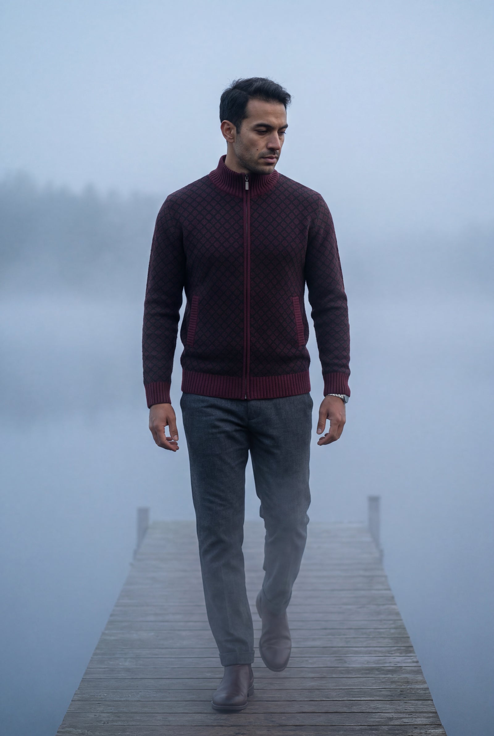 Wine Red Diamond Jacquard Zip-up Cardigan with Ribbed Stand Collar - Photo 14
