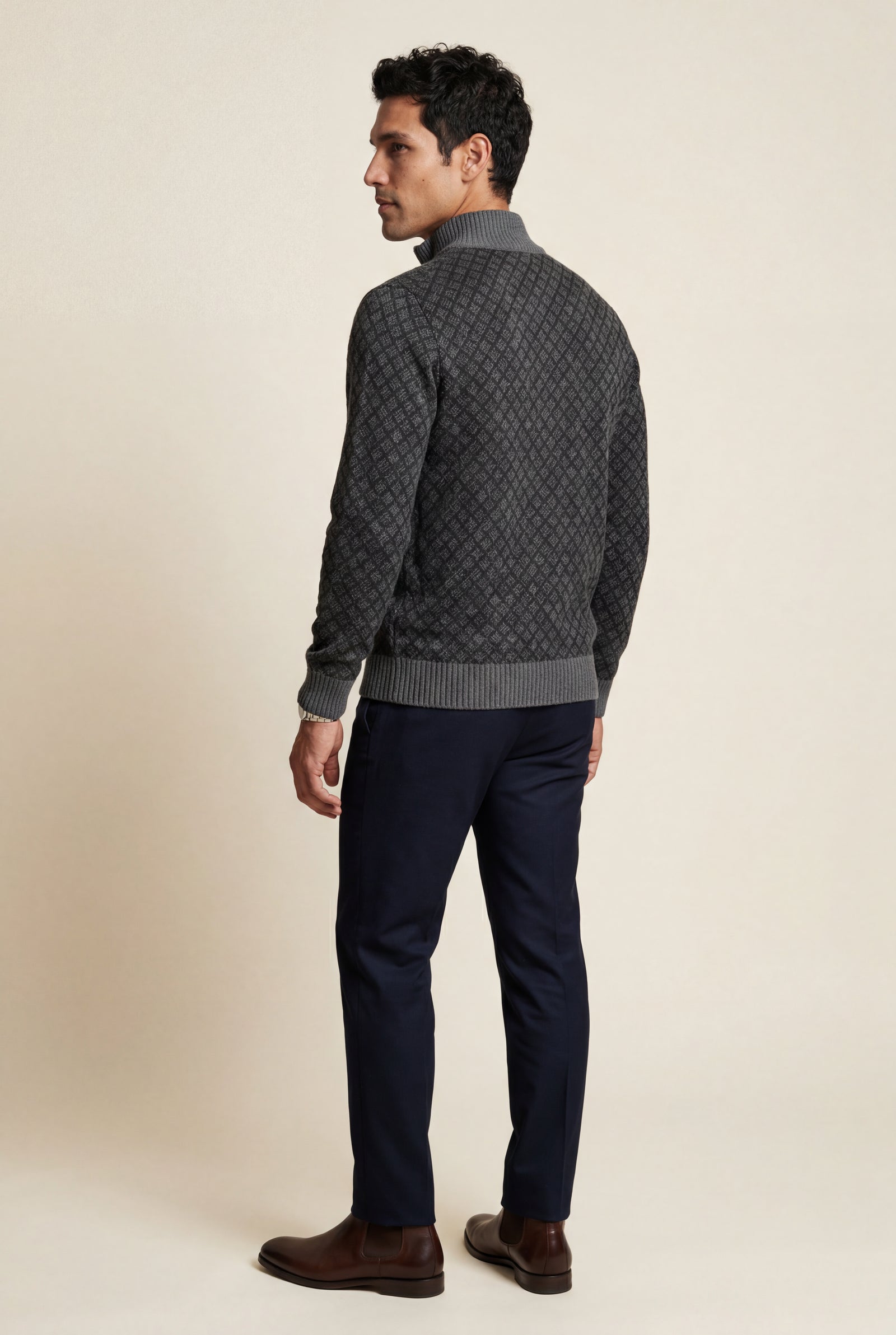 Black Diamond Jacquard Zip-up Cardigan with Ribbed Stand Collar - Photo 4