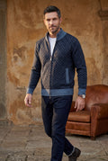 Navy Blue Diamond Jacquard Zip-up Cardigan with Ribbed Stand Collar - Photo 7