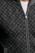 Black Diamond Jacquard Zip-up Cardigan with Ribbed Stand Collar - Photo 8