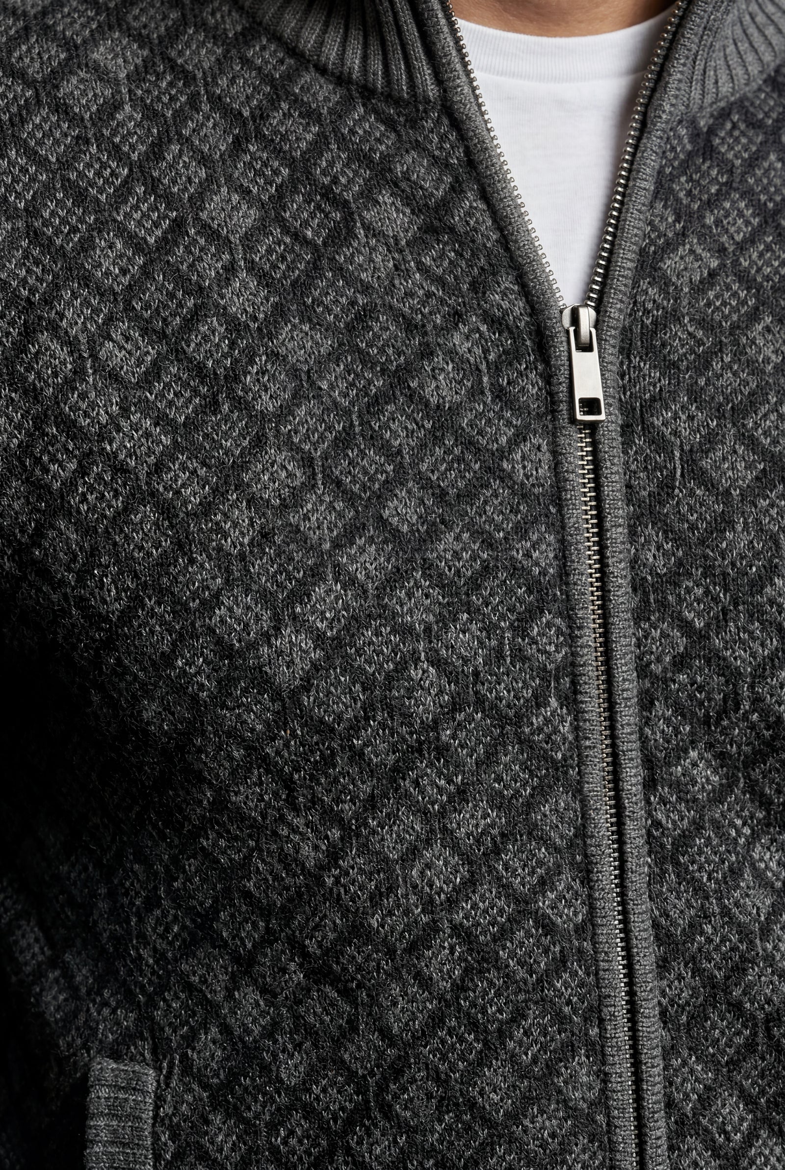 Black Diamond Jacquard Zip-up Cardigan with Ribbed Stand Collar - Photo 8
