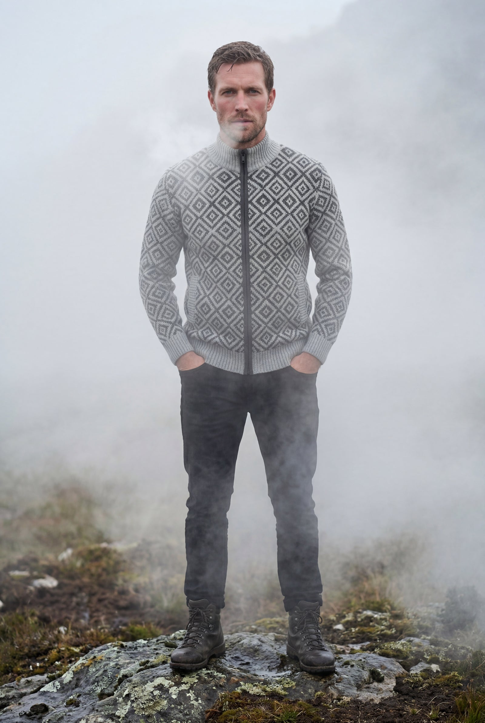 Gray Diamond Jacquard Zip-up Cardigan with Ribbed Stand Collar - Photo 9