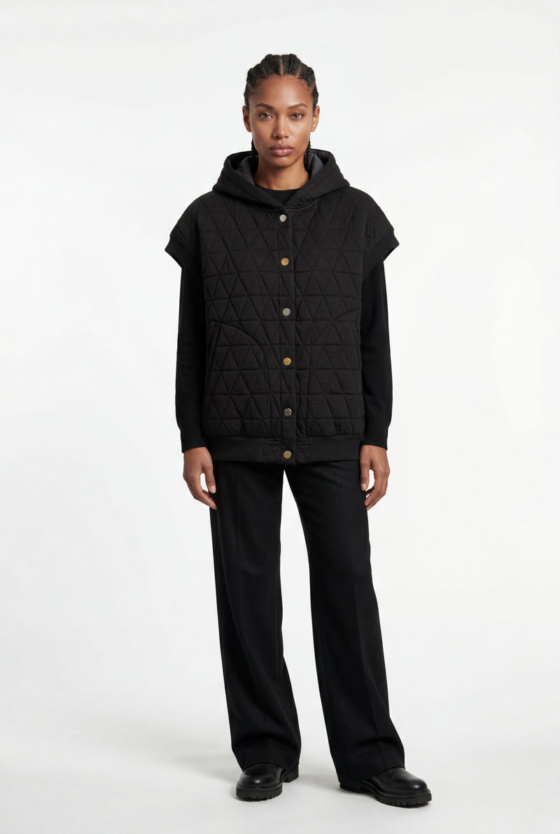 Black Diamond Quilted Hooded Puffer Vest with Snap Buttons - Puffer vests - Photo 1