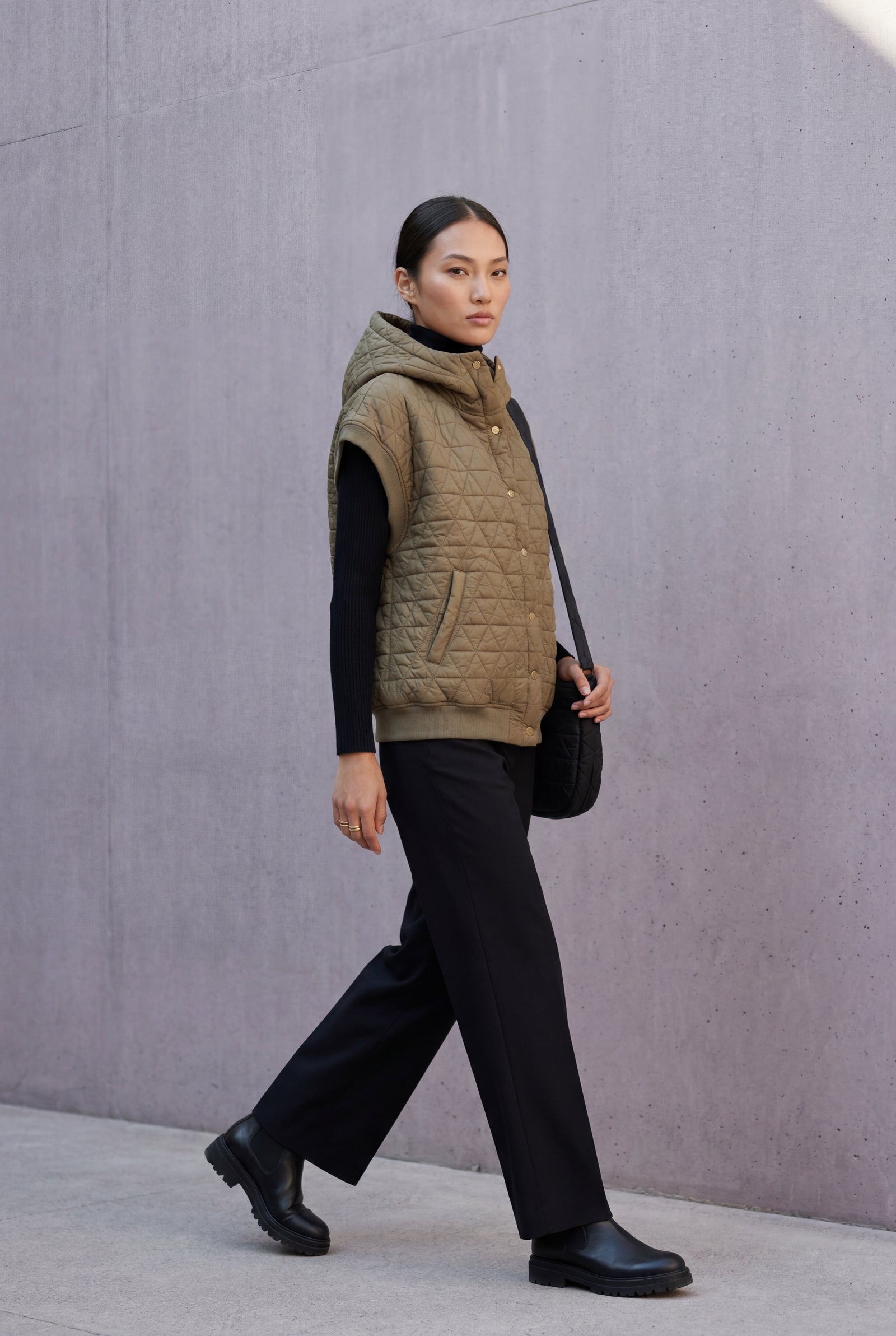 Olive Green Diamond Quilted Hooded Puffer Vest with Snap Buttons - Puffer vests - Photo 8