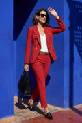 Red Double-breasted Blazer and Slim Trouser Suit Set - Photo 11