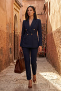 Navy Blue Double-breasted Blazer and Slim Trouser Suit Set - Photo 15