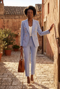 Light Blue Double-breasted Blazer and Slim Trouser Suit Set - Photo 16