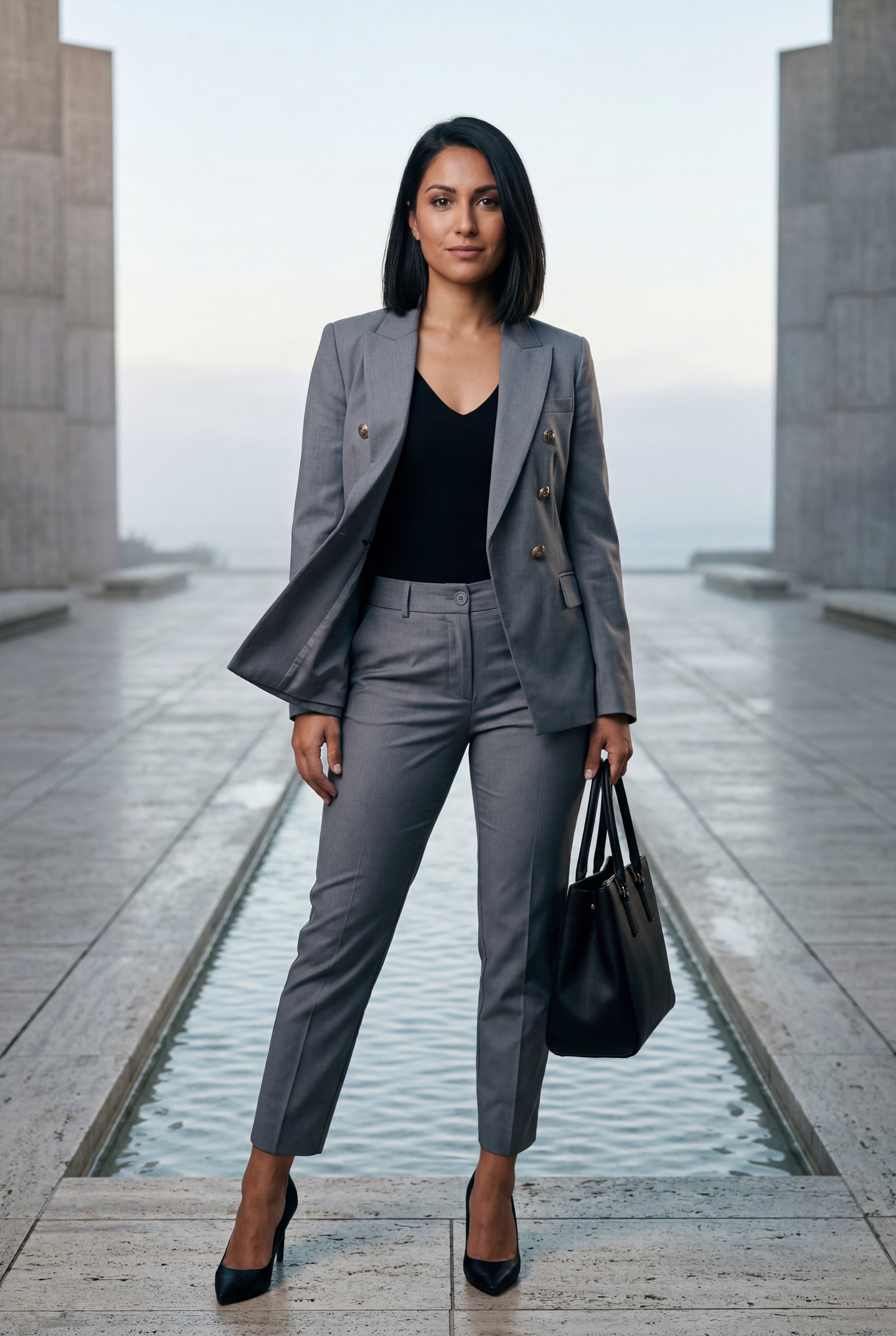 Gray Double-breasted Blazer and Slim Trouser Suit Set - Photo 18
