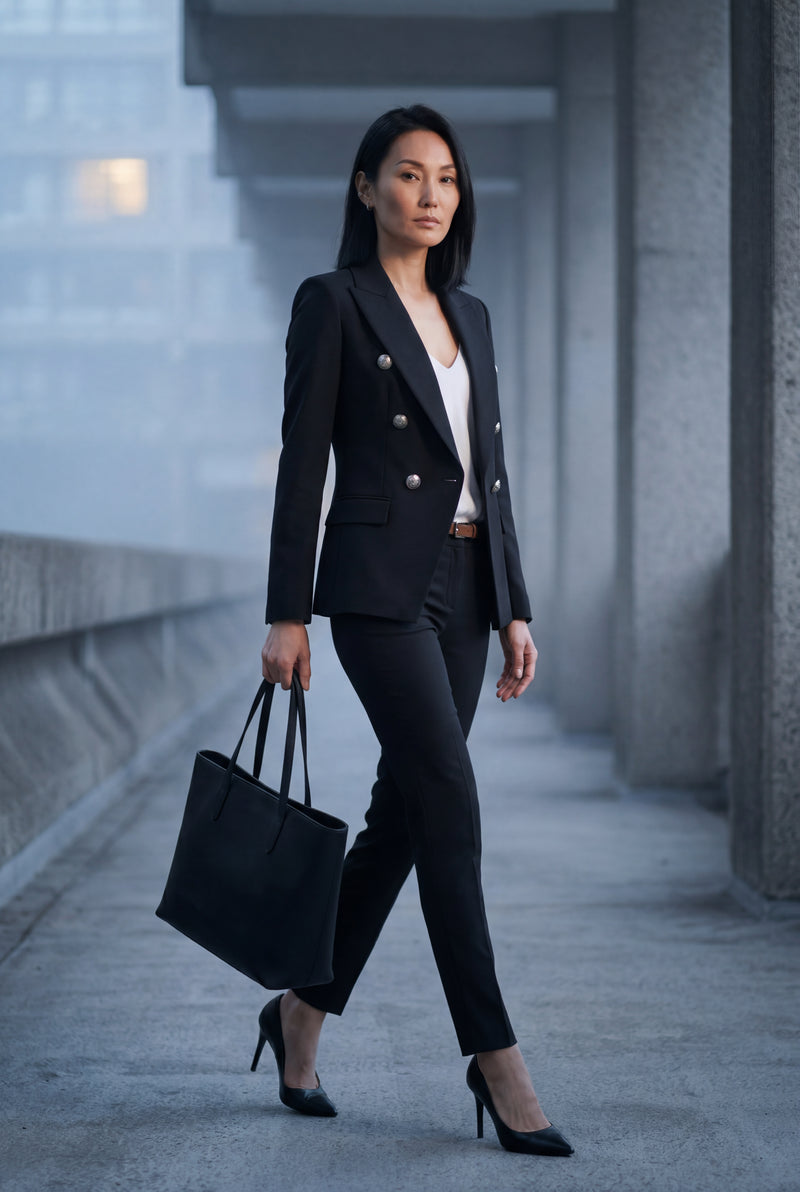 Black Double-breasted Blazer and Slim Trouser Suit Set - Photo 4