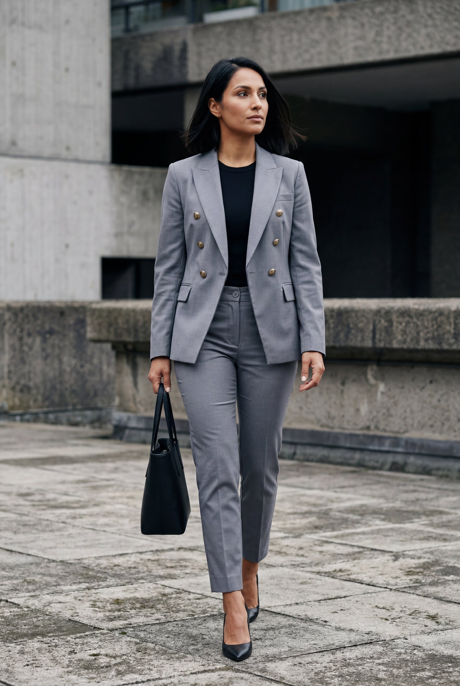 Gray Double-breasted Blazer and Slim Trouser Suit Set - Photo 8