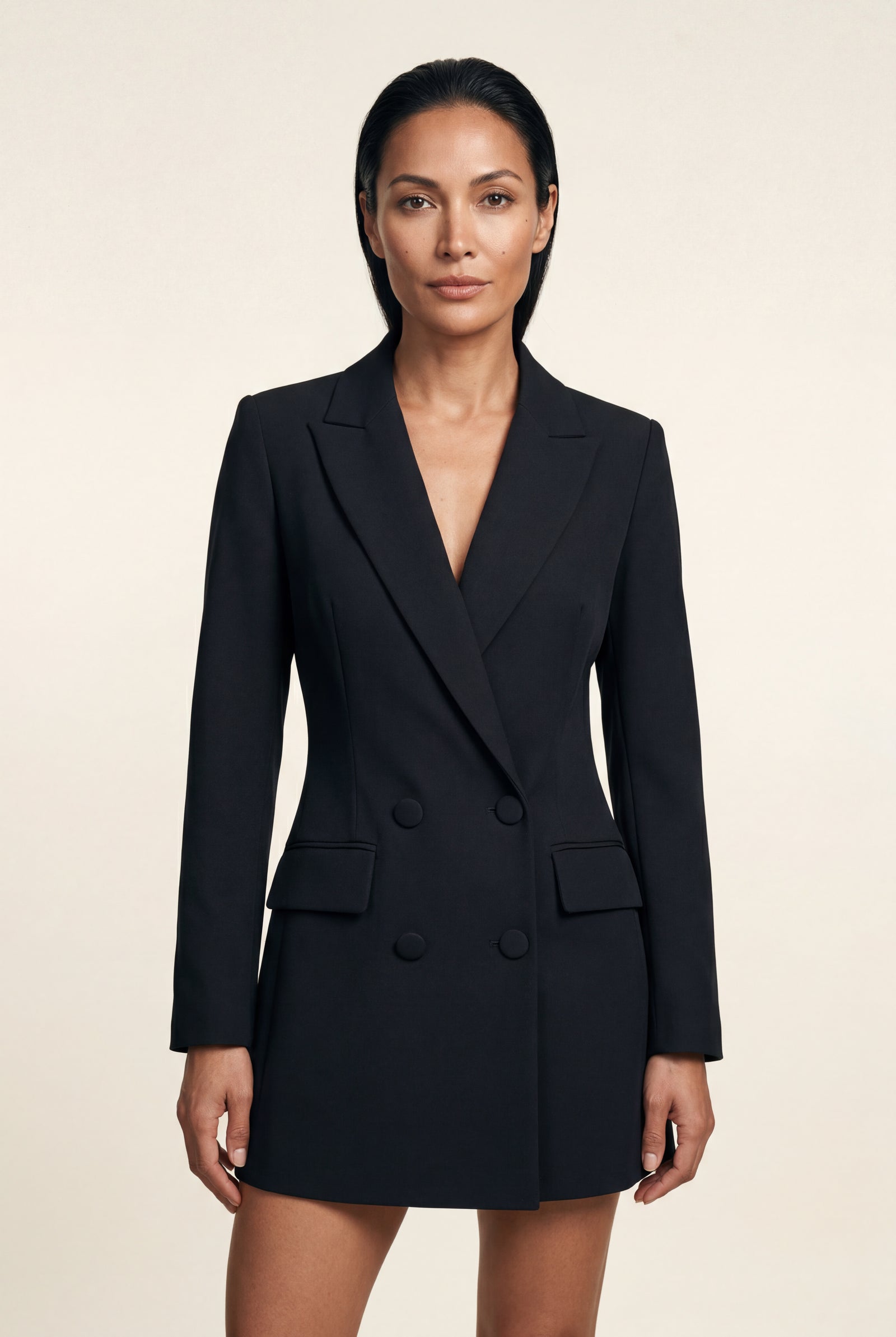 Black Double-breasted Classic Fit Blazer with Notched Lapel - Photo 1