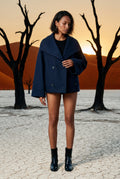 Navy Blue Double-breasted Hip-length Short Coat with Classic Collar - Short coats - Photo 11