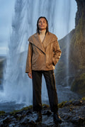 Beige Double-breasted Hip-length Short Coat with Classic Collar - Short coats - Photo 13