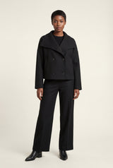 Black Double-breasted Hip-length Short Coat with Classic Collar - Short coats - Photo 14