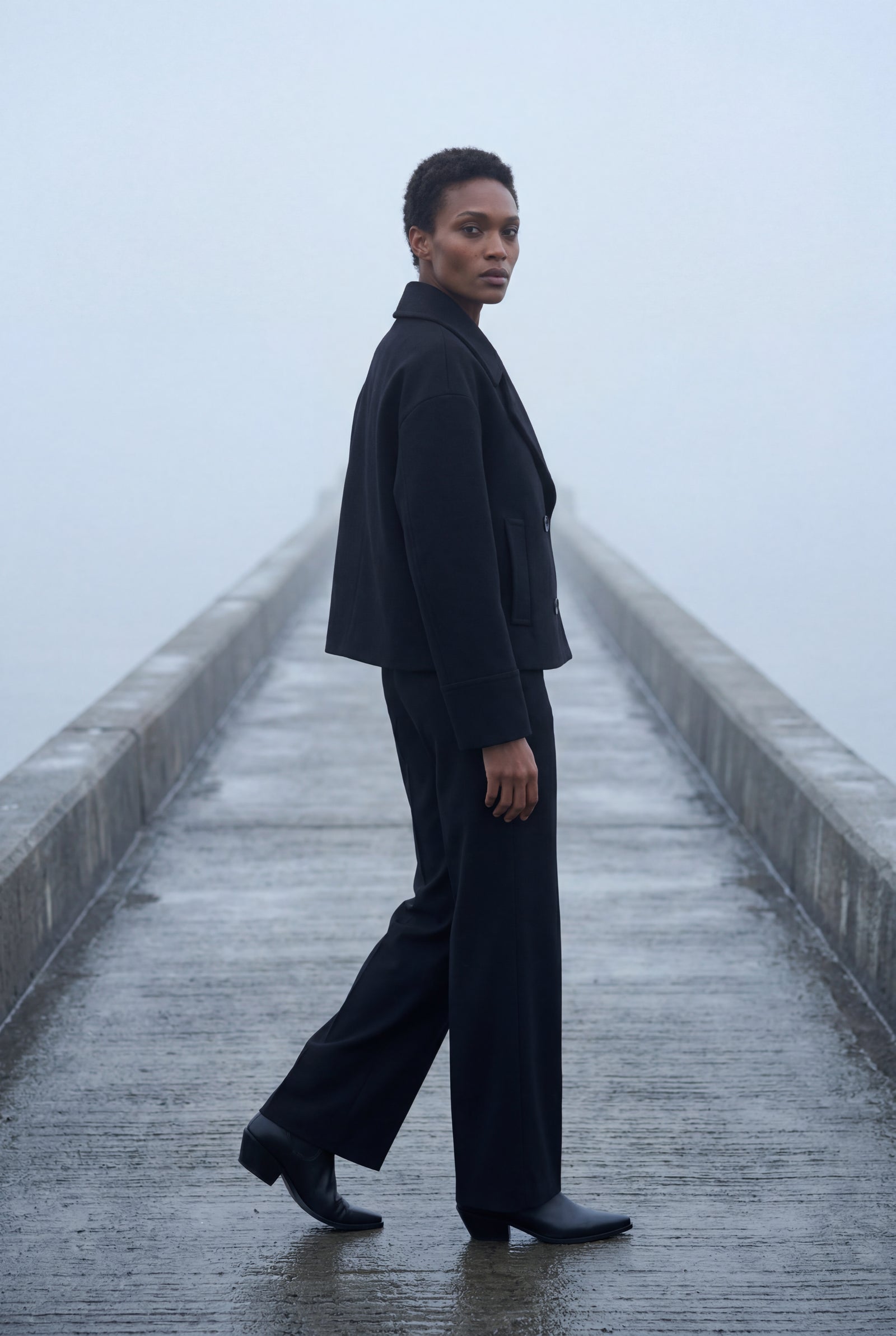 Black Double-breasted Hip-length Short Coat with Classic Collar - Short coats - Photo 18