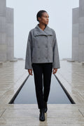 Gray Double-breasted Hip-length Short Coat with Classic Collar - Short coats - Photo 19