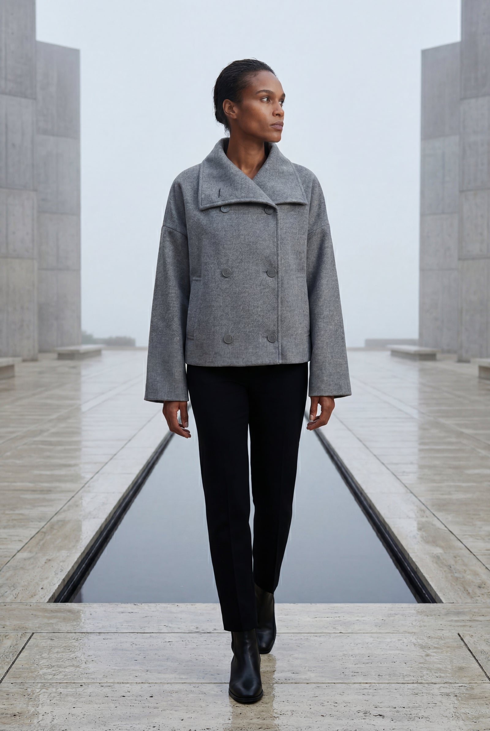 Gray Double-breasted Hip-length Short Coat with Classic Collar - Short coats - Photo 19