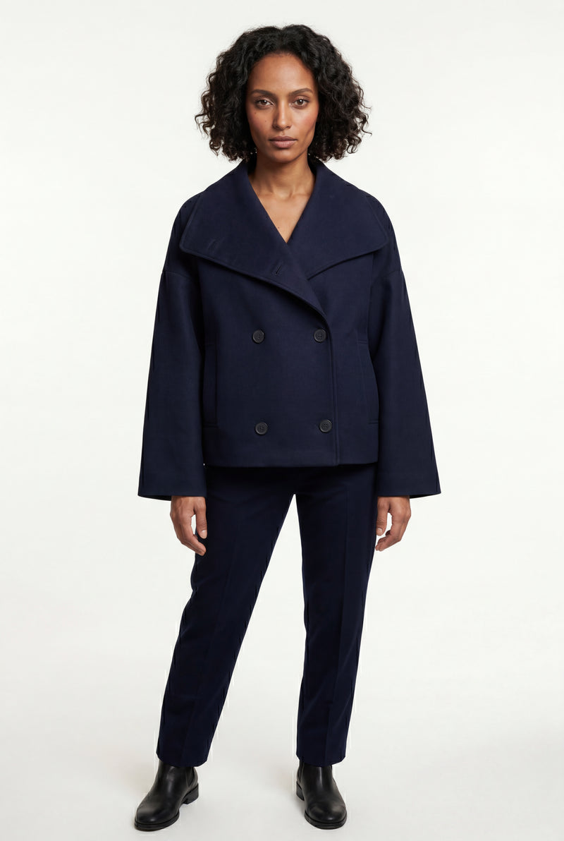 Navy Blue Double-breasted Hip-length Short Coat with Classic Collar - Short coats - Photo 2