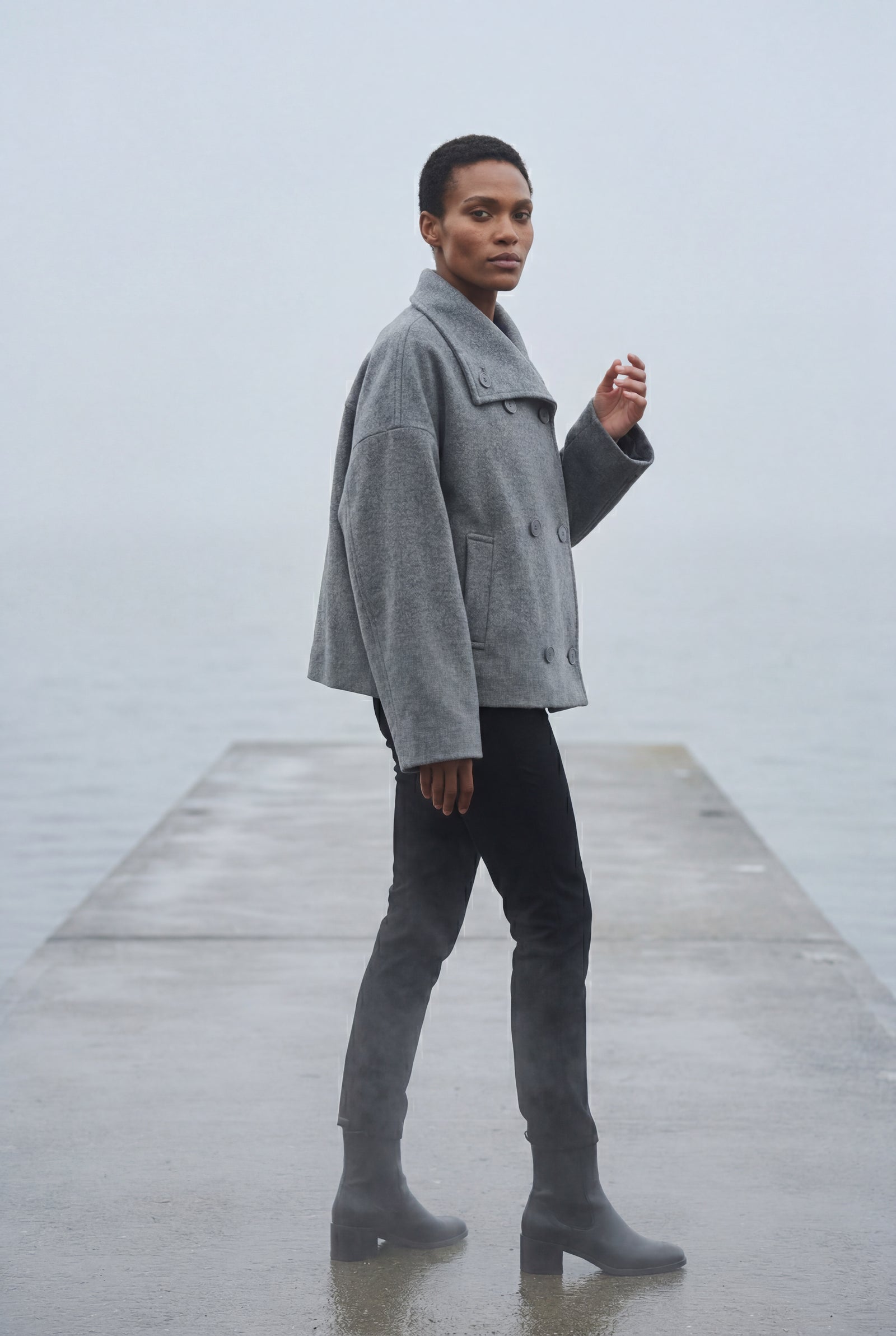 Gray Double-breasted Hip-length Short Coat with Classic Collar - Short coats - Photo 20